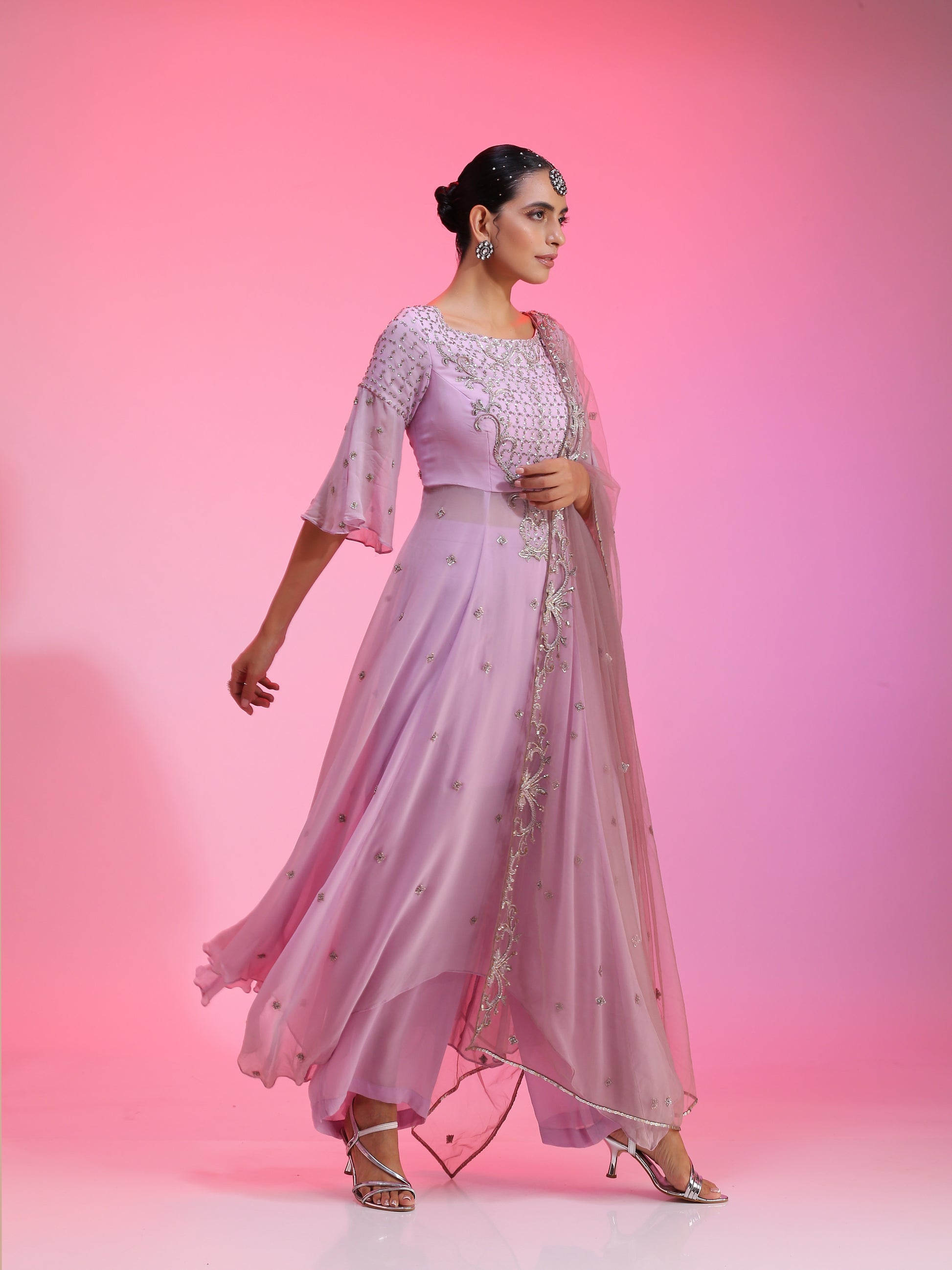 Lilac Zardozi Resham kalidar kurta set