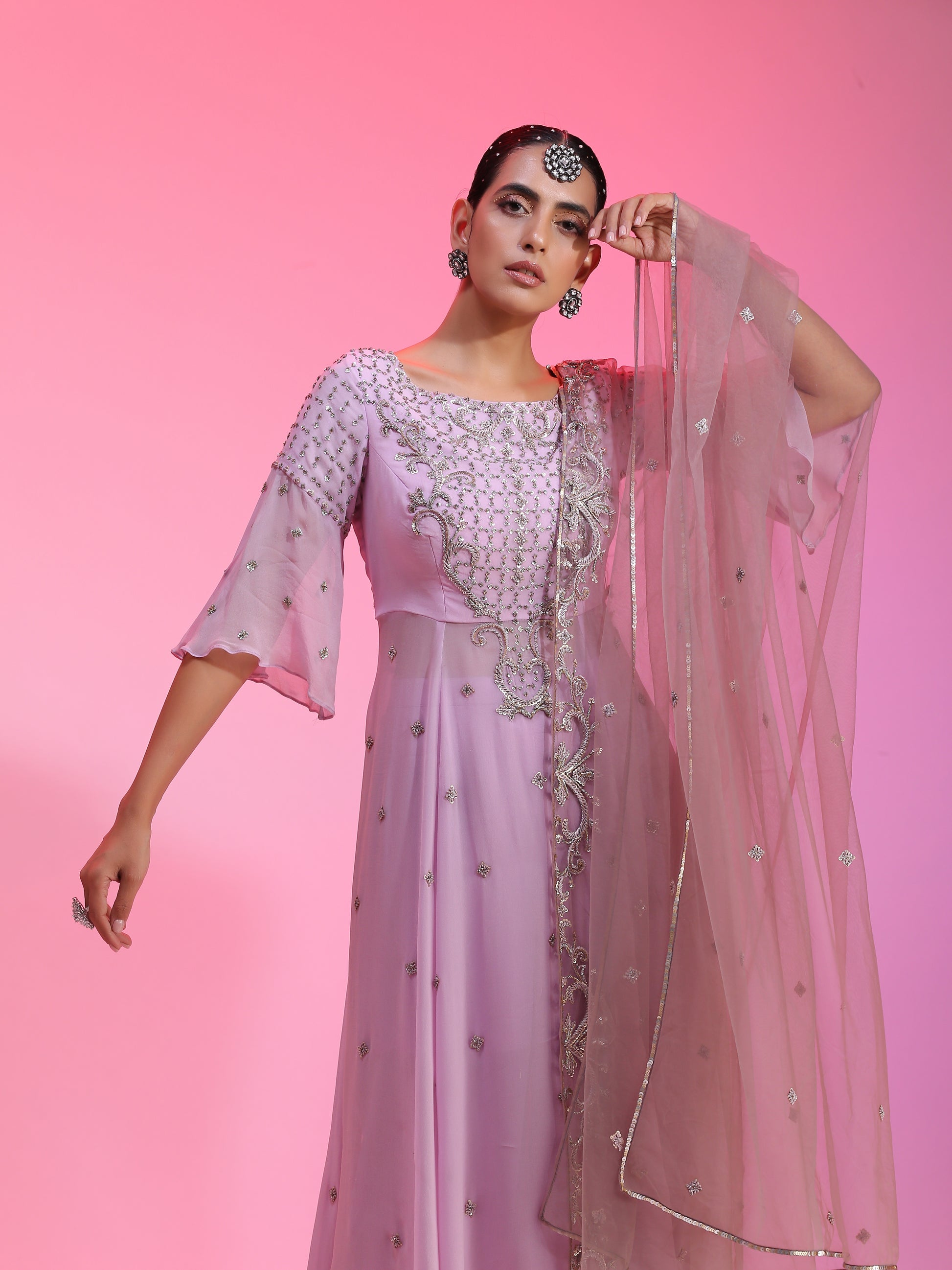 Lilac Zardozi Resham kalidar kurta set