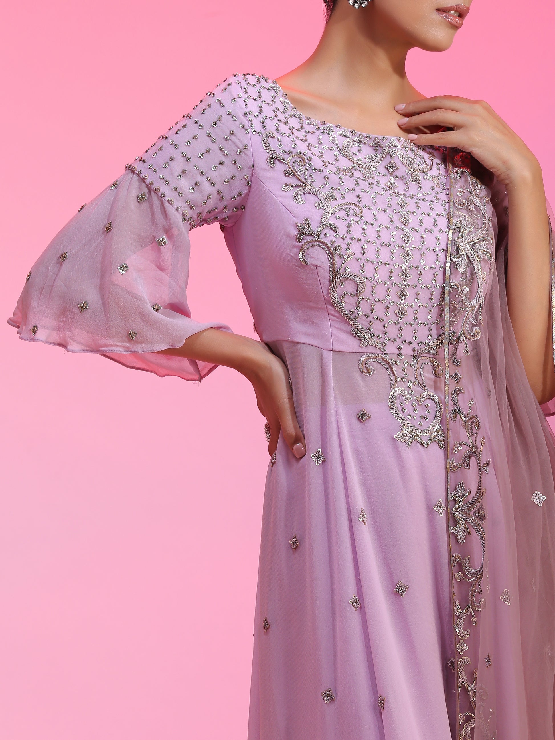 Lilac Zardozi Resham kalidar kurta set