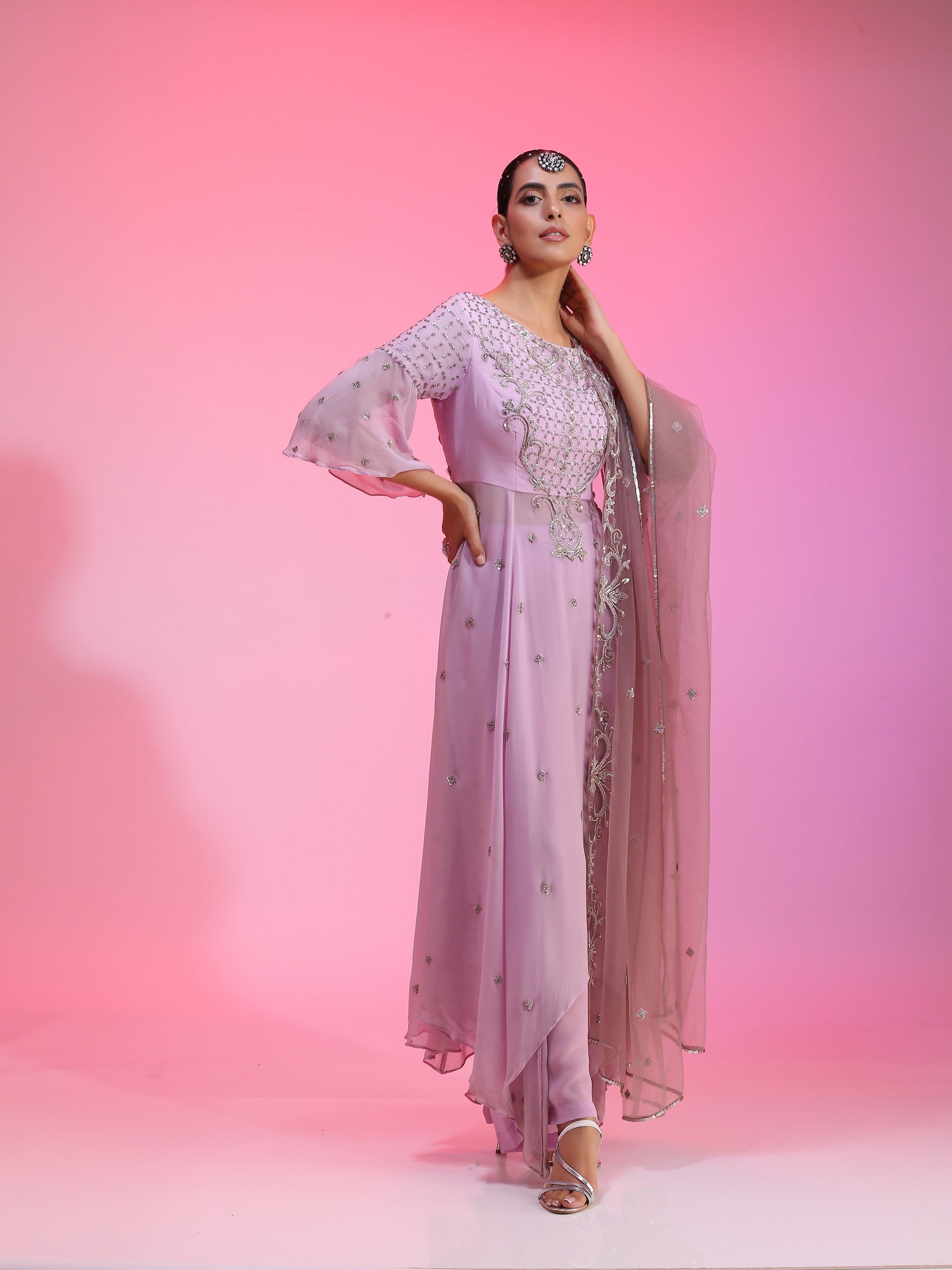 Lilac Zardozi Resham kalidar kurta set