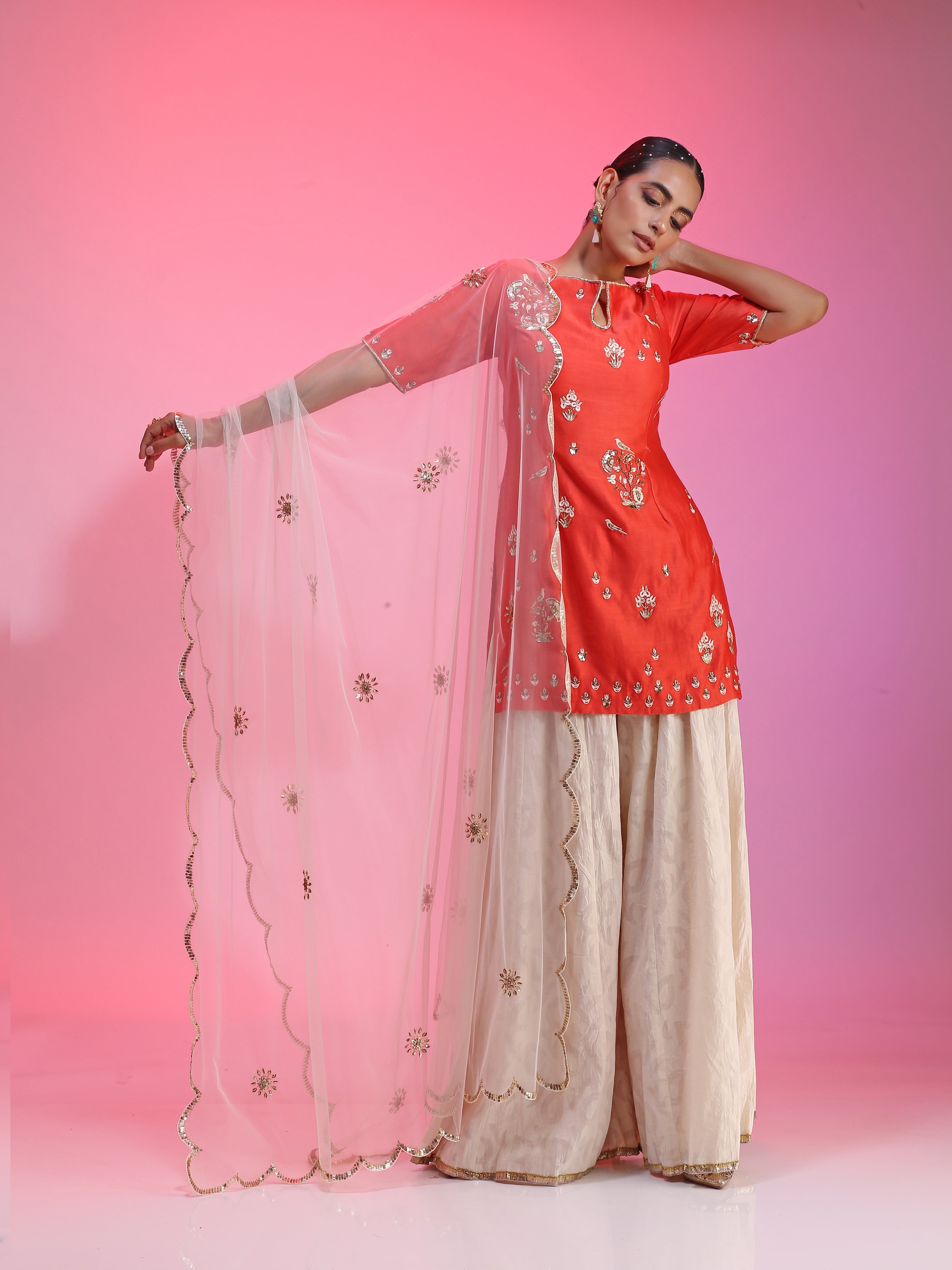 Zardozi muquaish coral sharara set