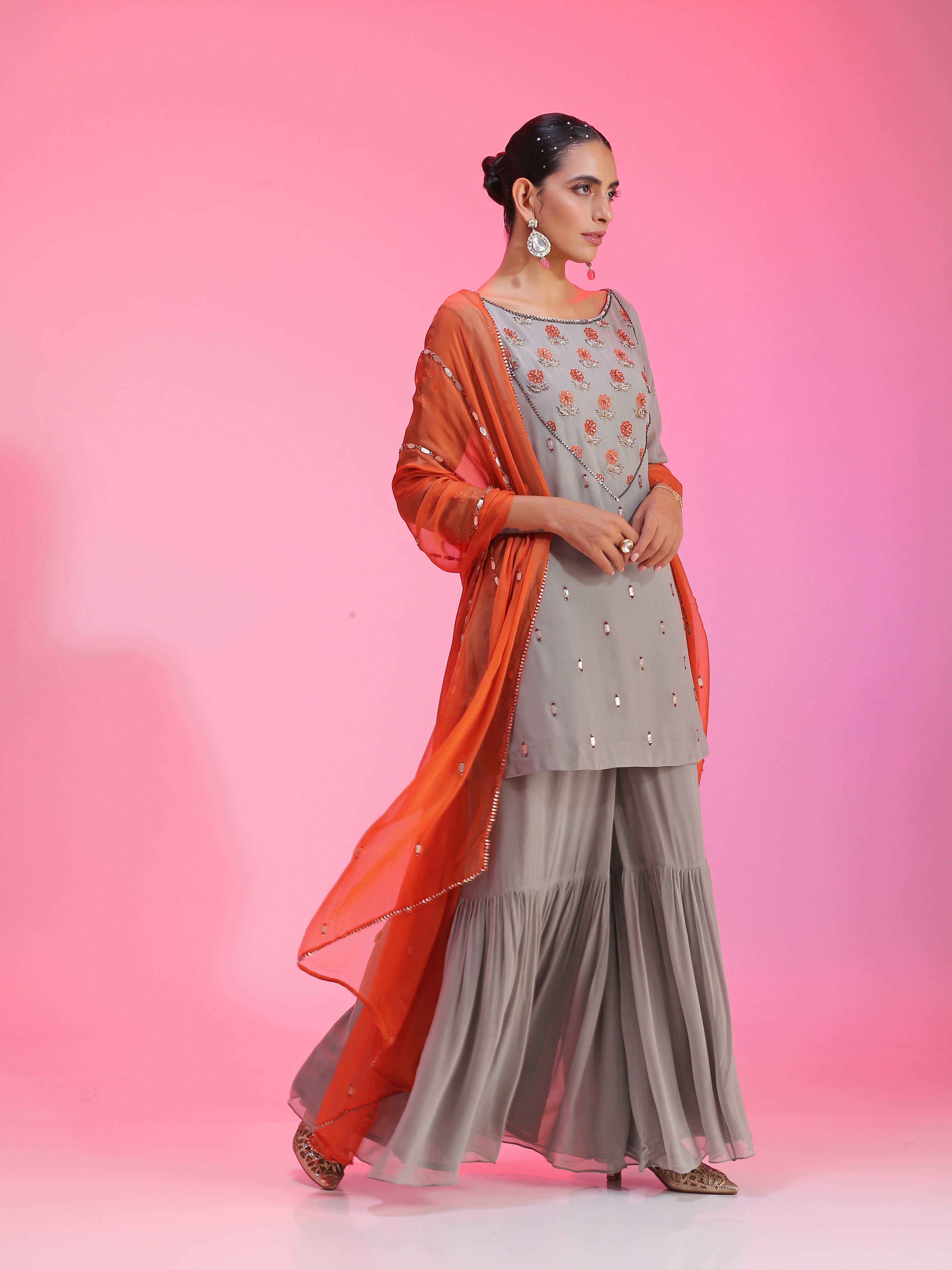 Resham and gotta grey orange sharara set