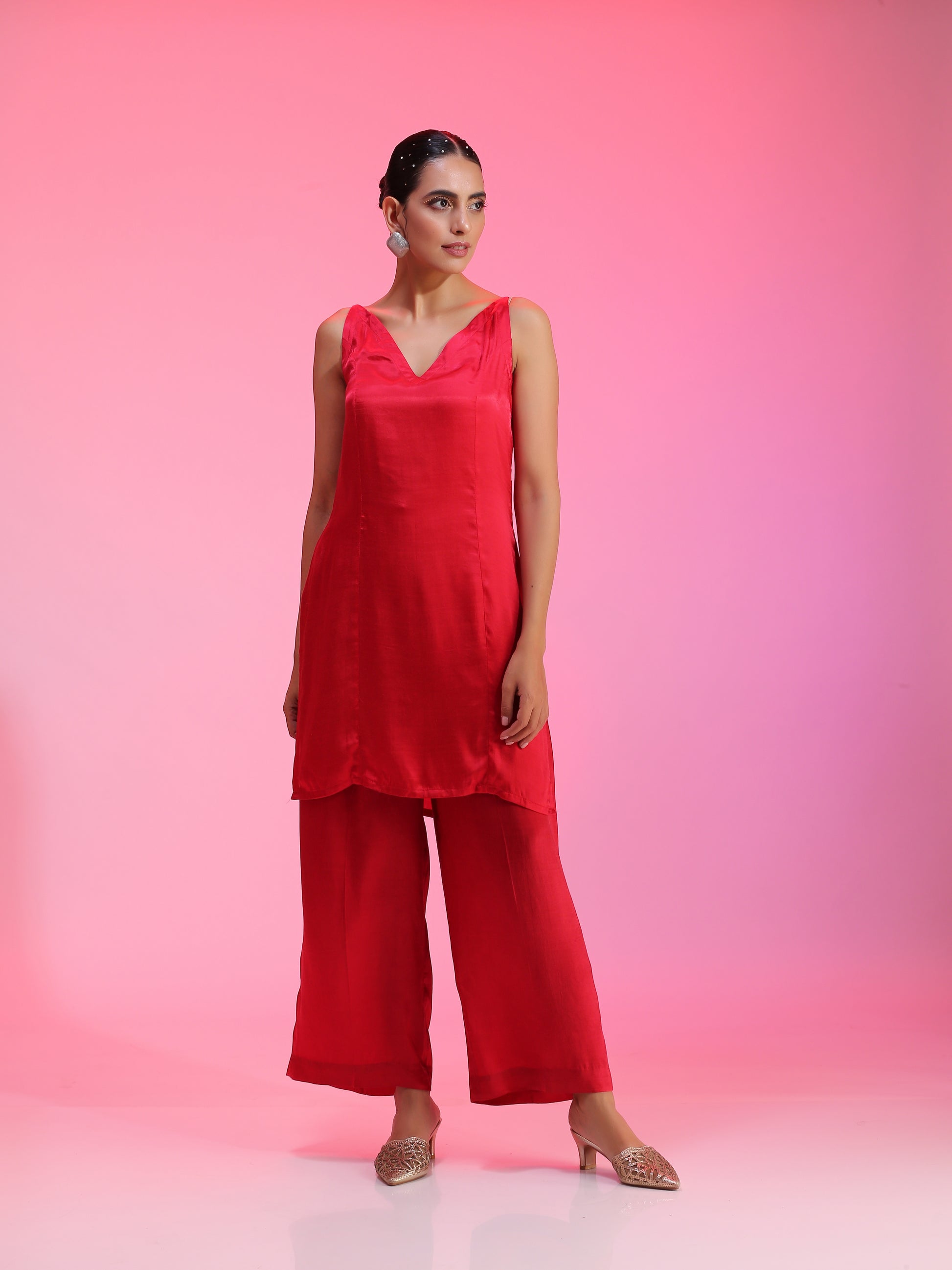 Red pleated Zardozi co-ord set