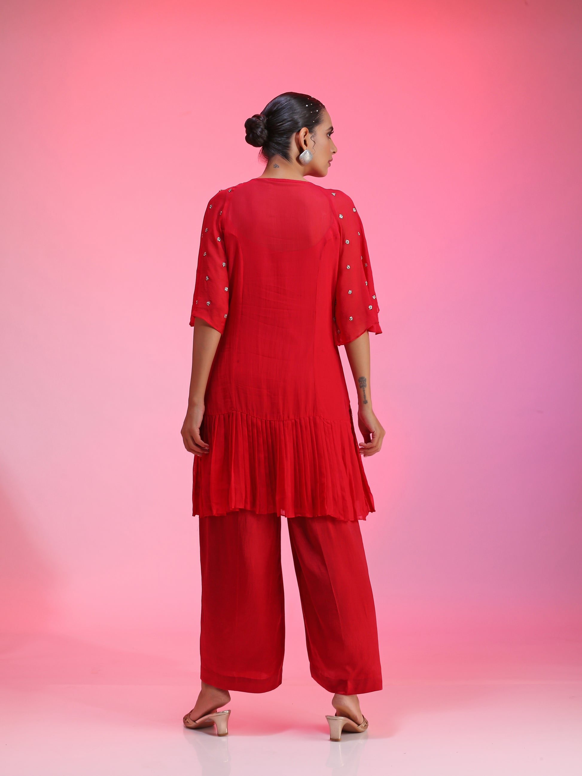 Red pleated Zardozi co-ord set