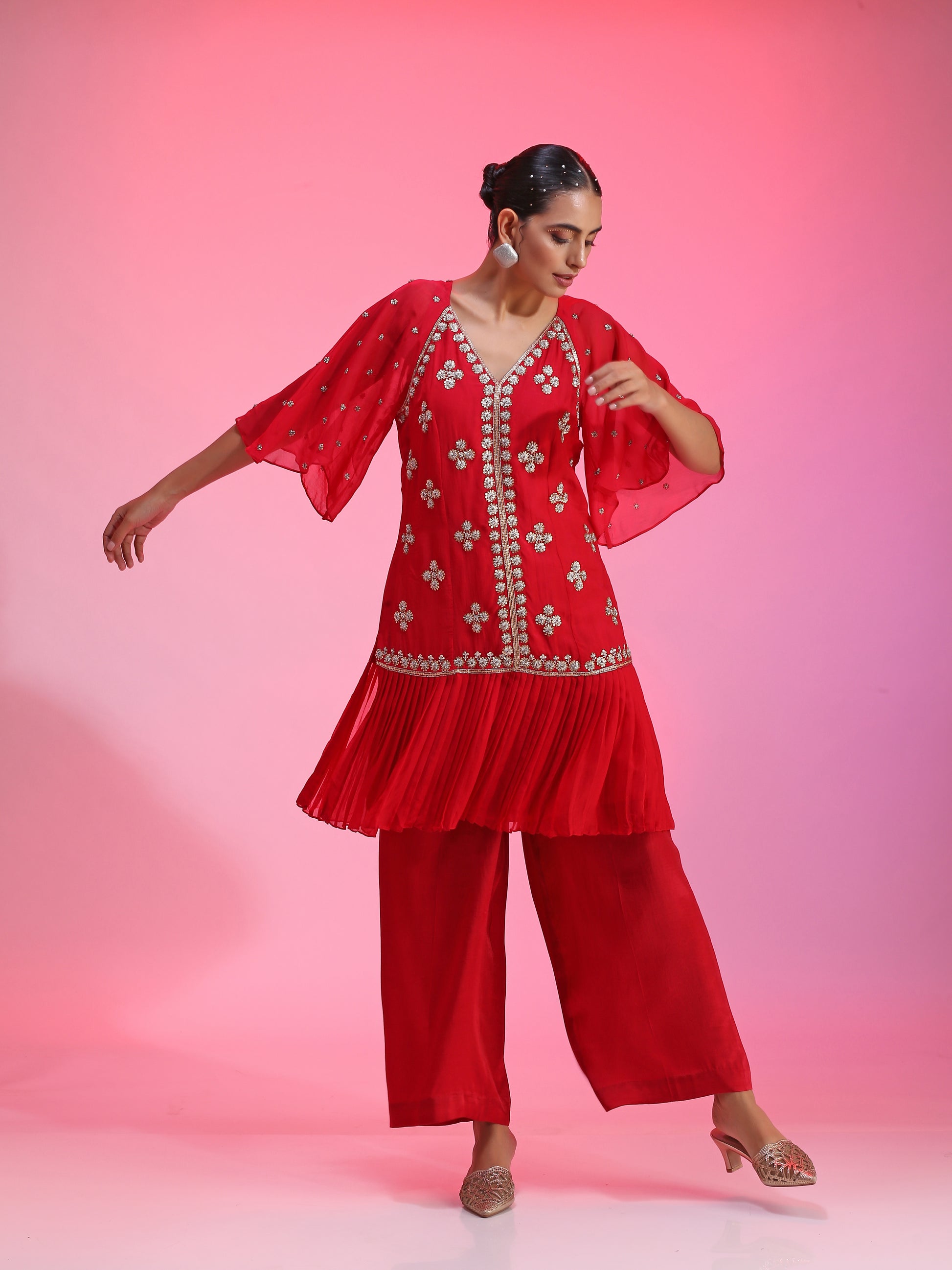 Red pleated Zardozi co-ord set