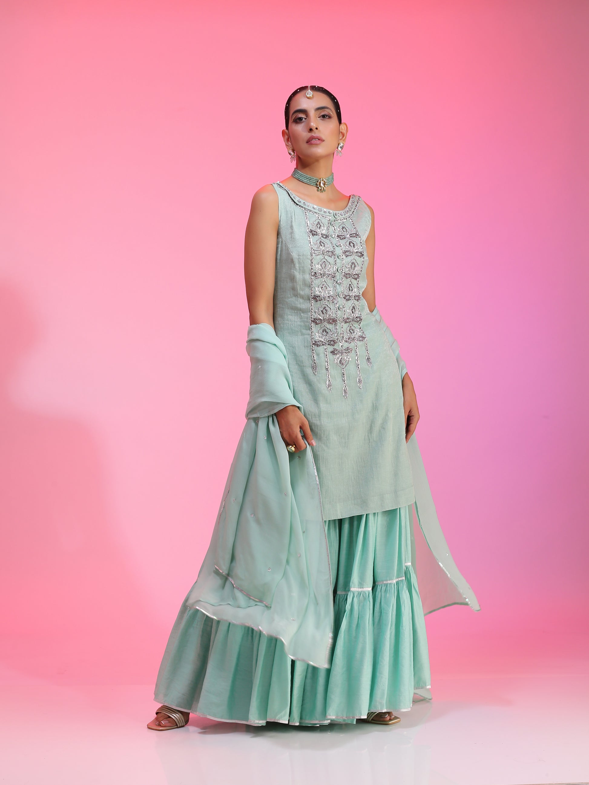 Zardozi and sequin aqua sharara set