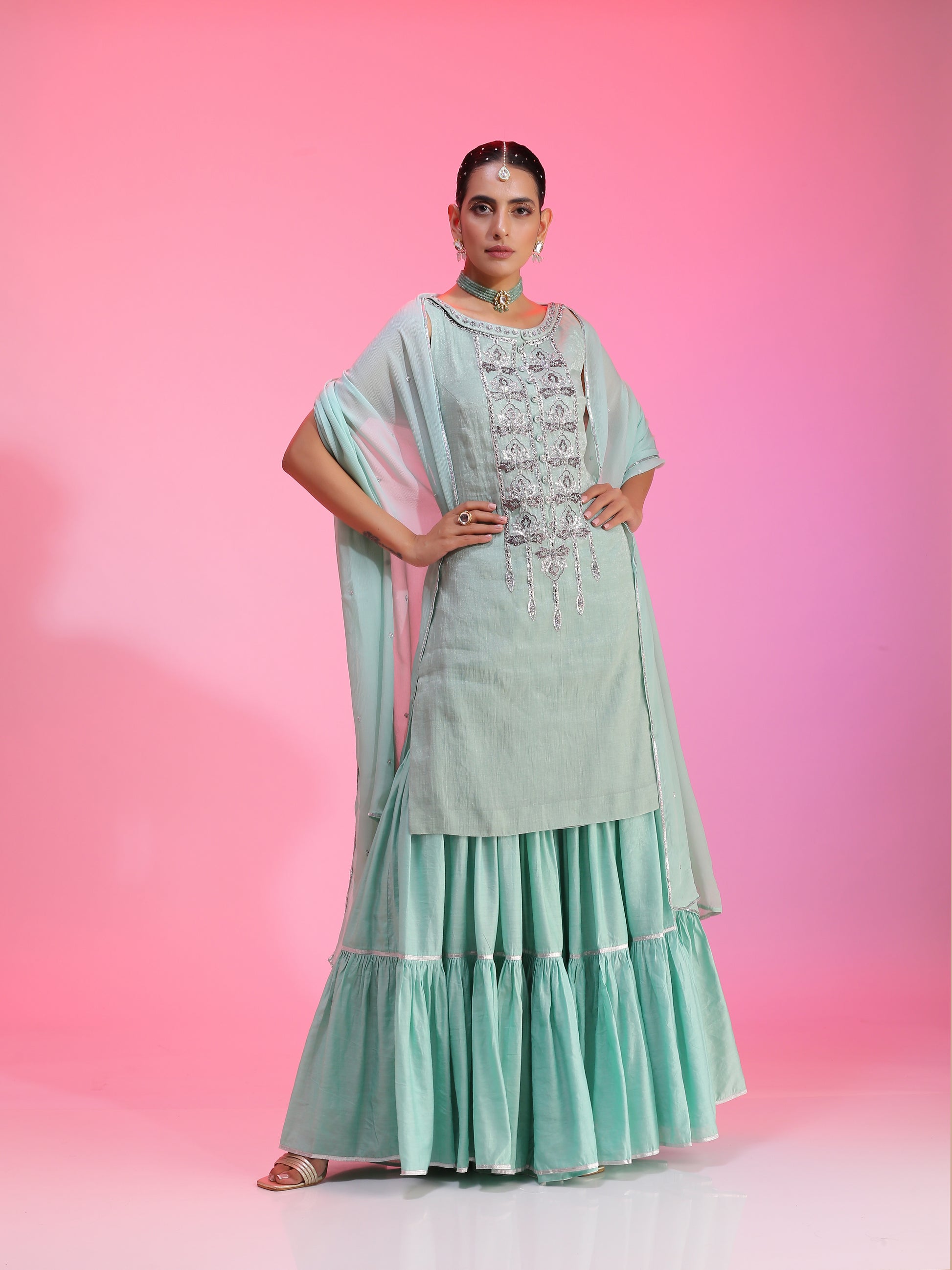 Zardozi and sequin aqua sharara set