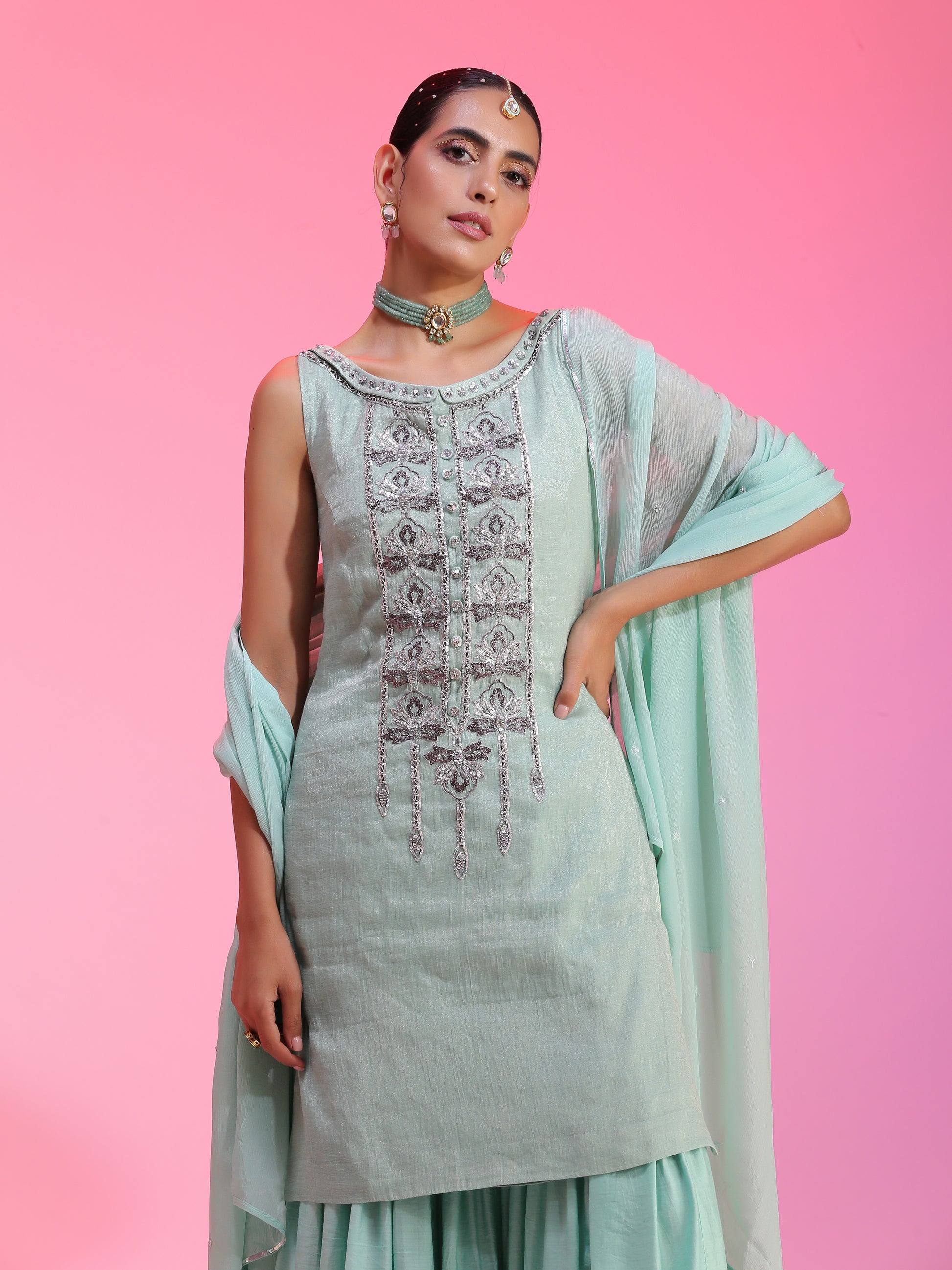 Zardozi and sequin aqua sharara set