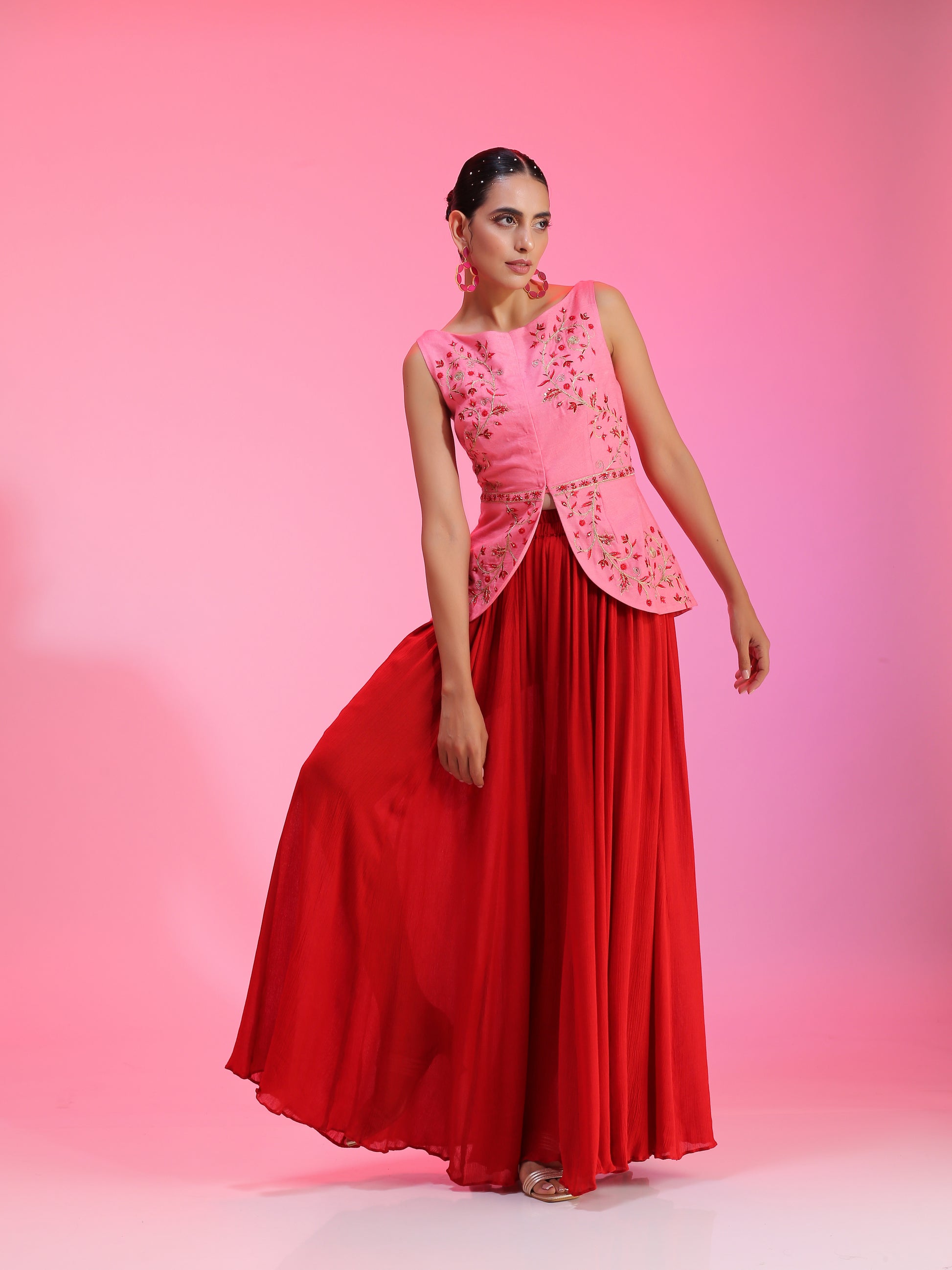 Resham work pink red ser