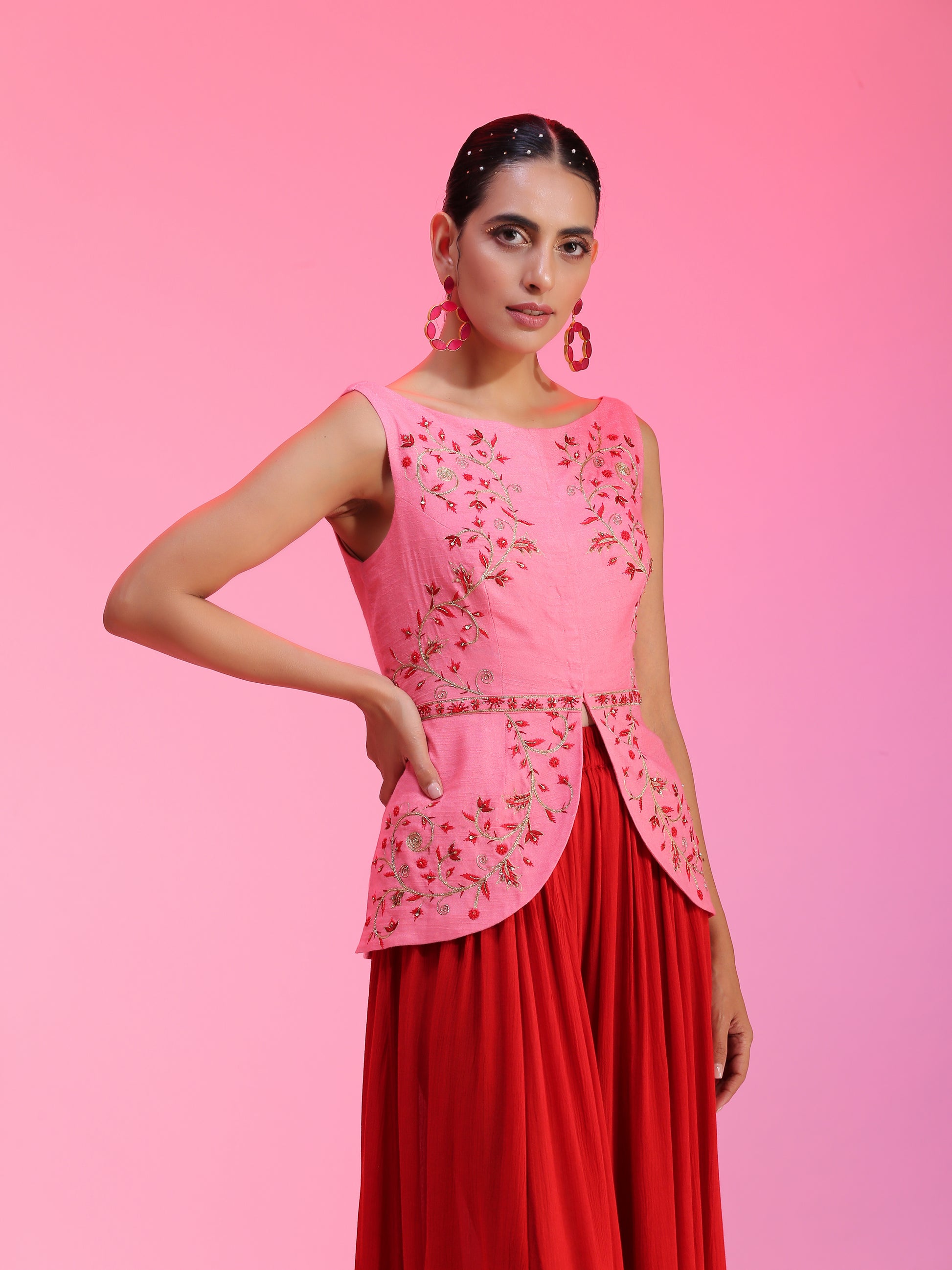 Resham work pink red ser