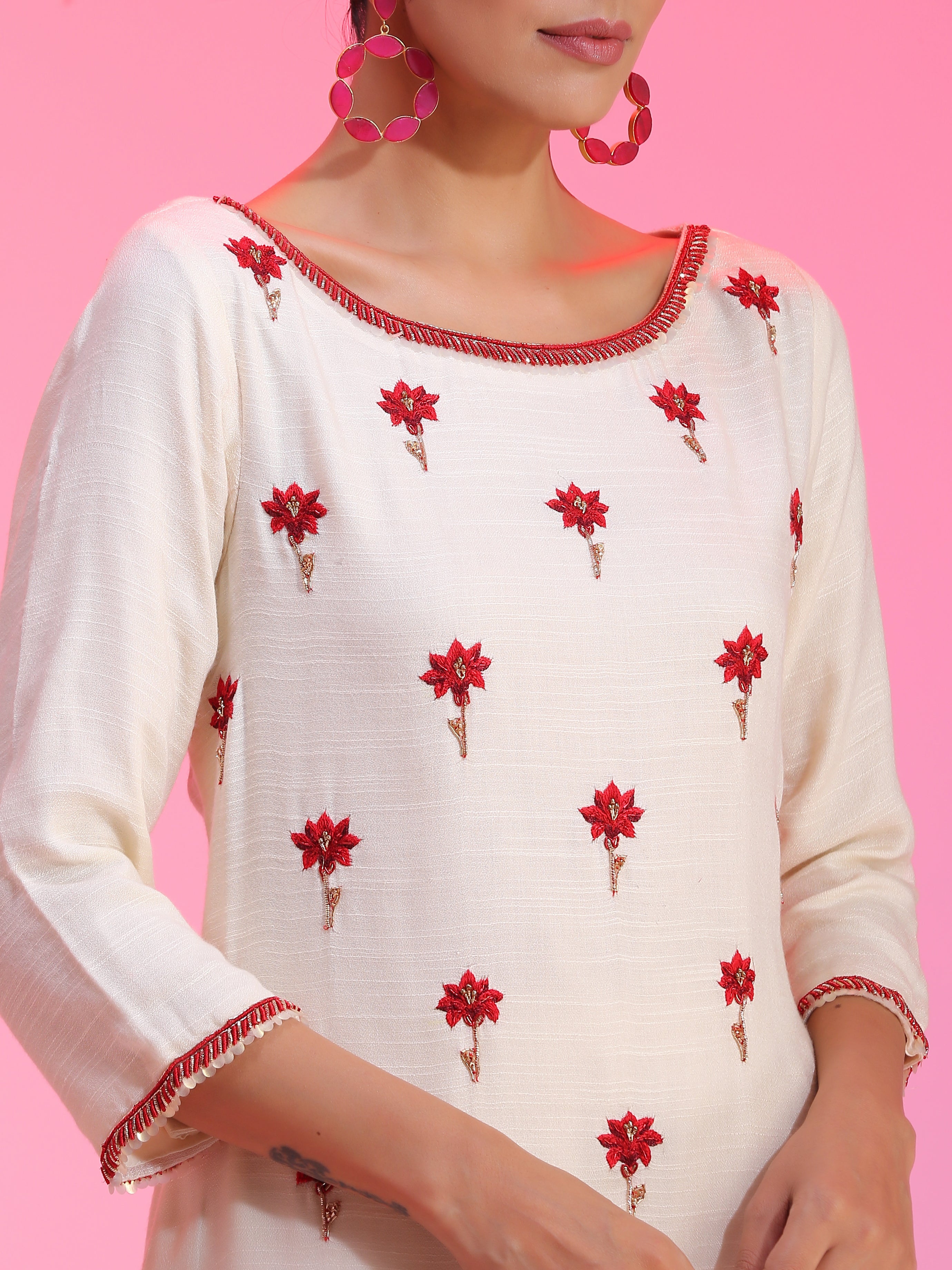 Resham work ivory kurta set