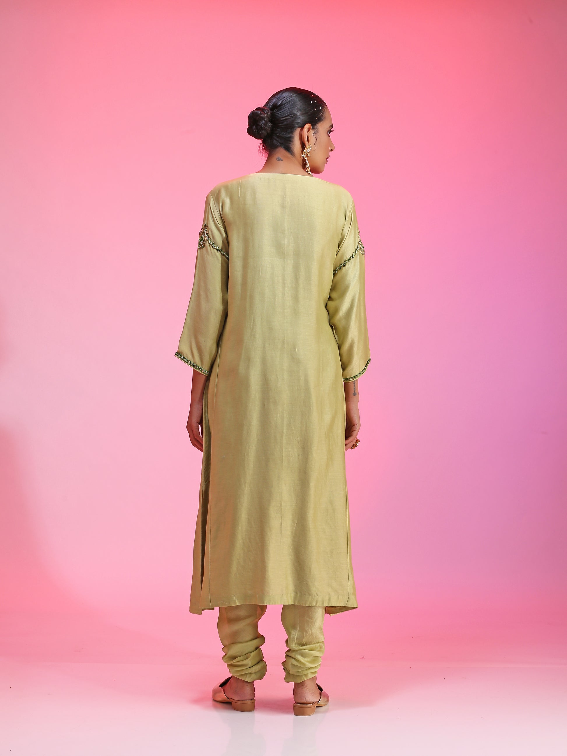 Zardozi neck green kalidar set