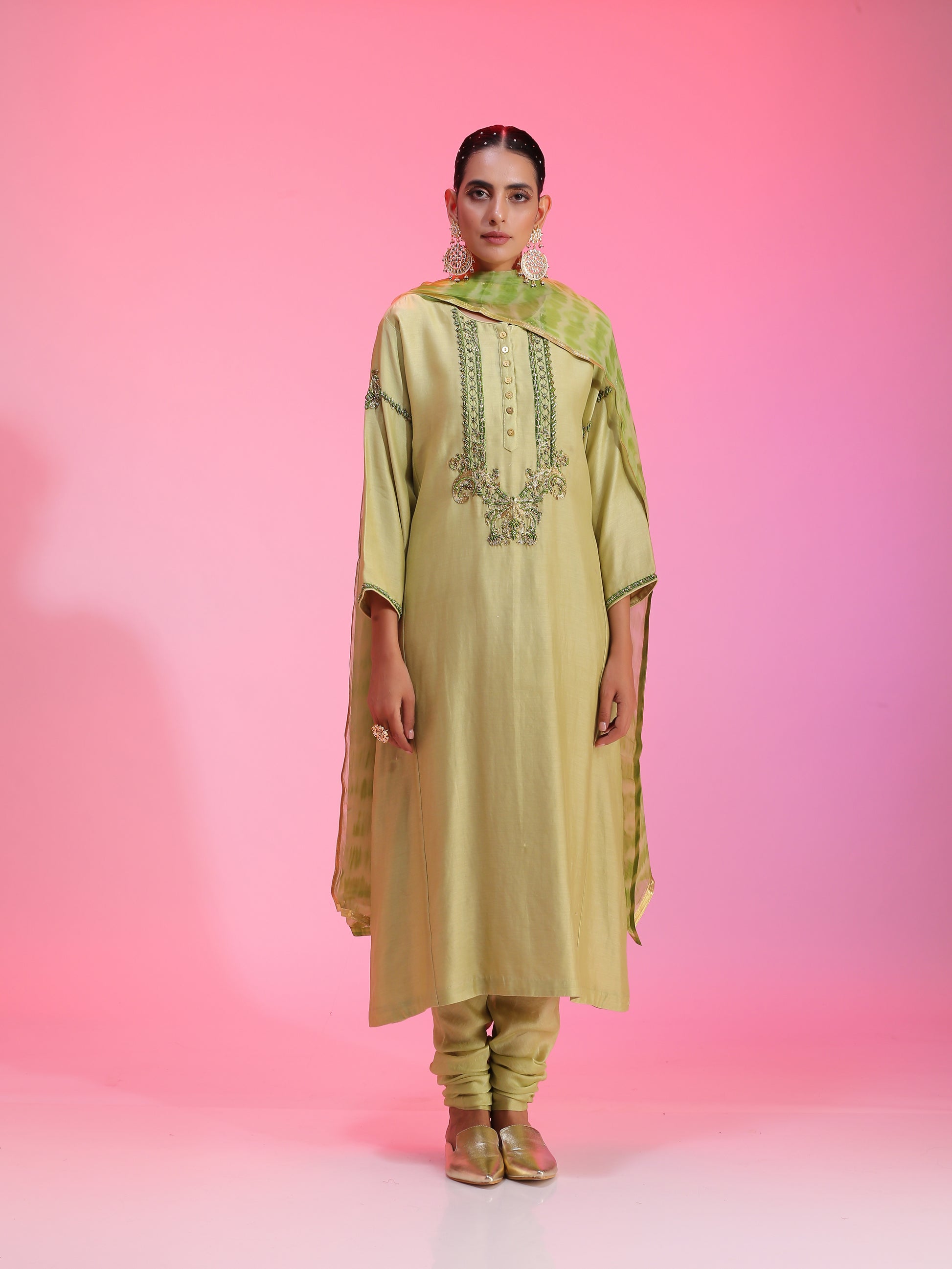 Zardozi neck green kalidar set