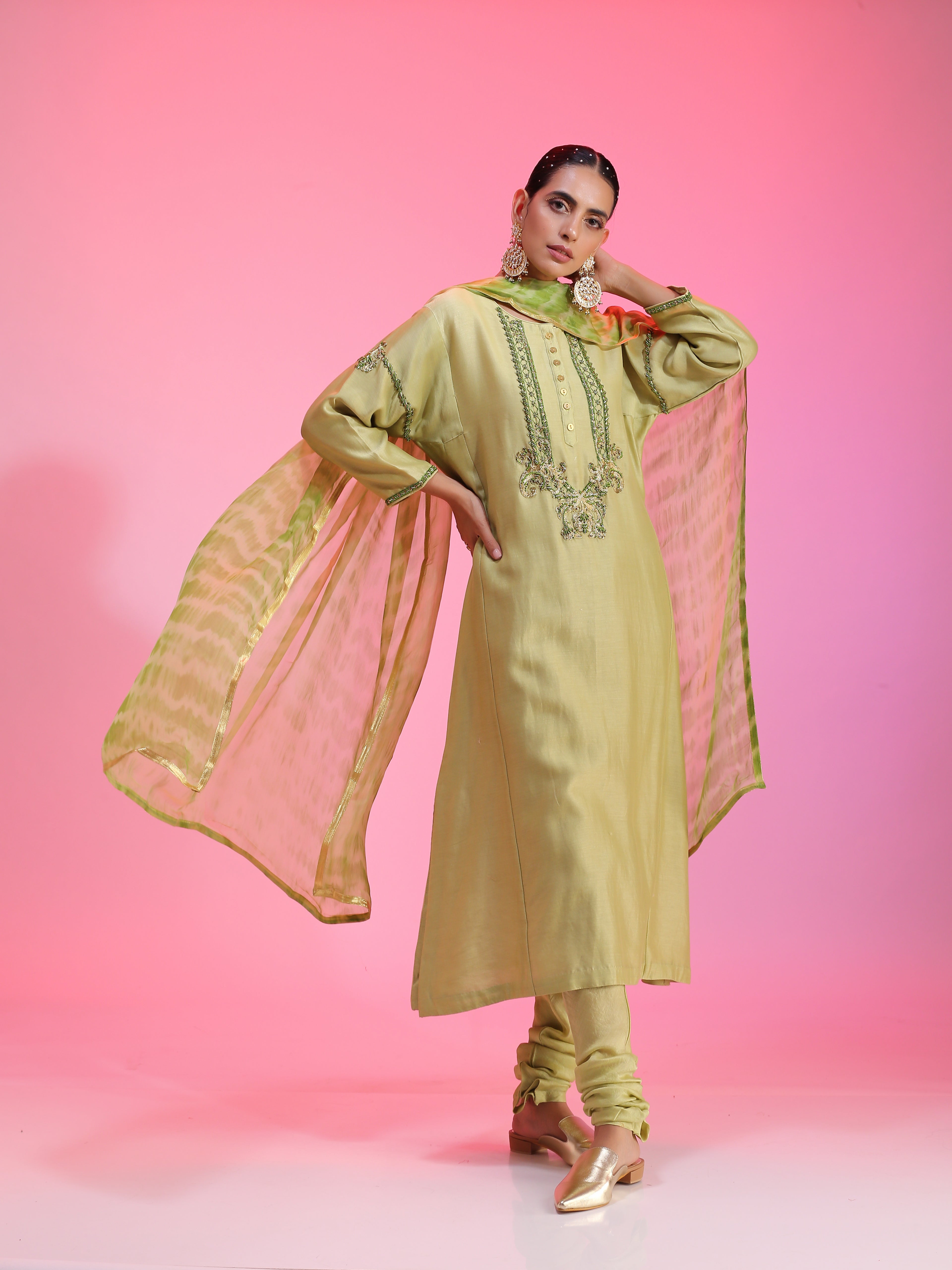 Zardozi neck green kalidar set