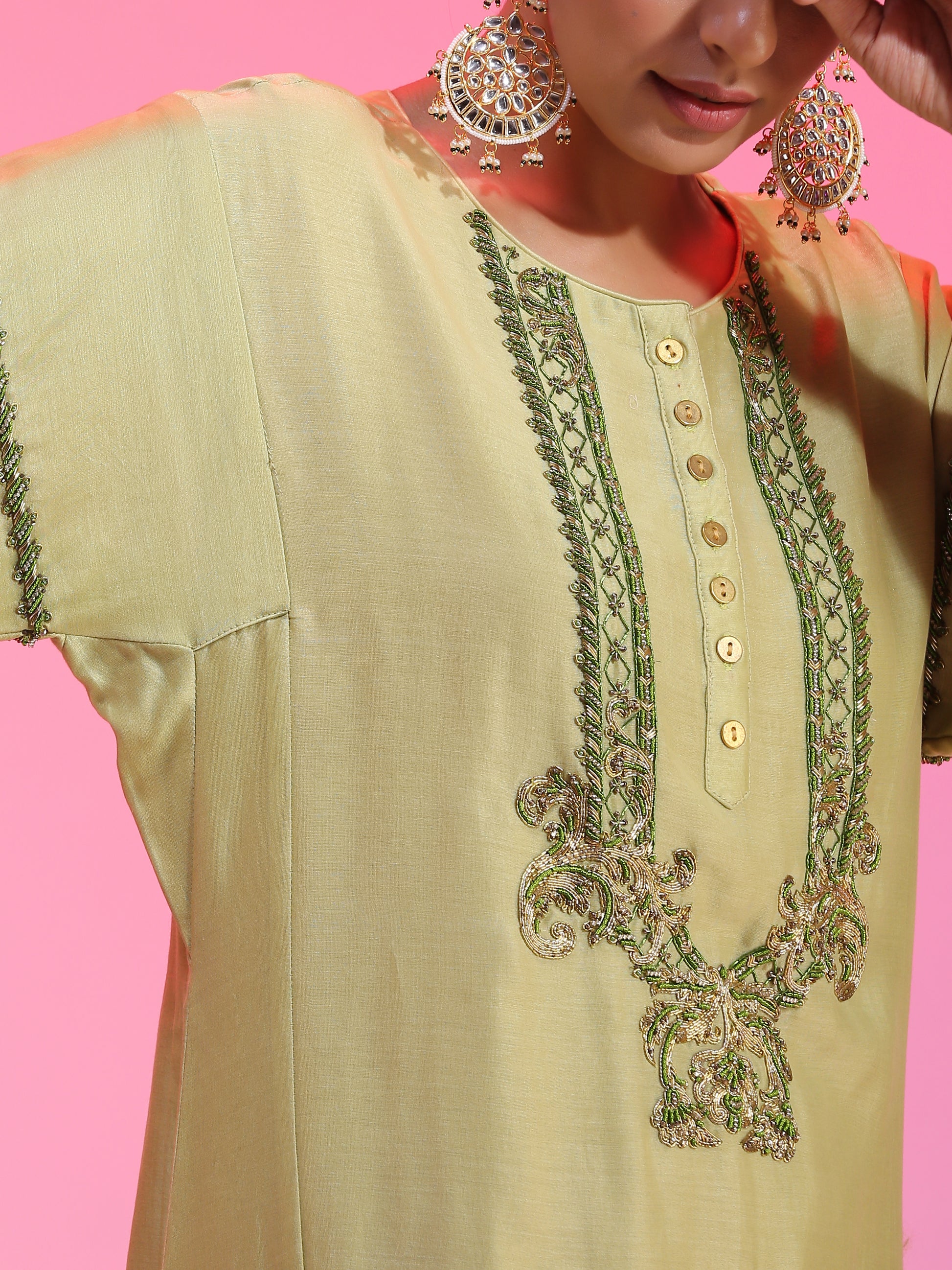 Zardozi neck green kalidar set