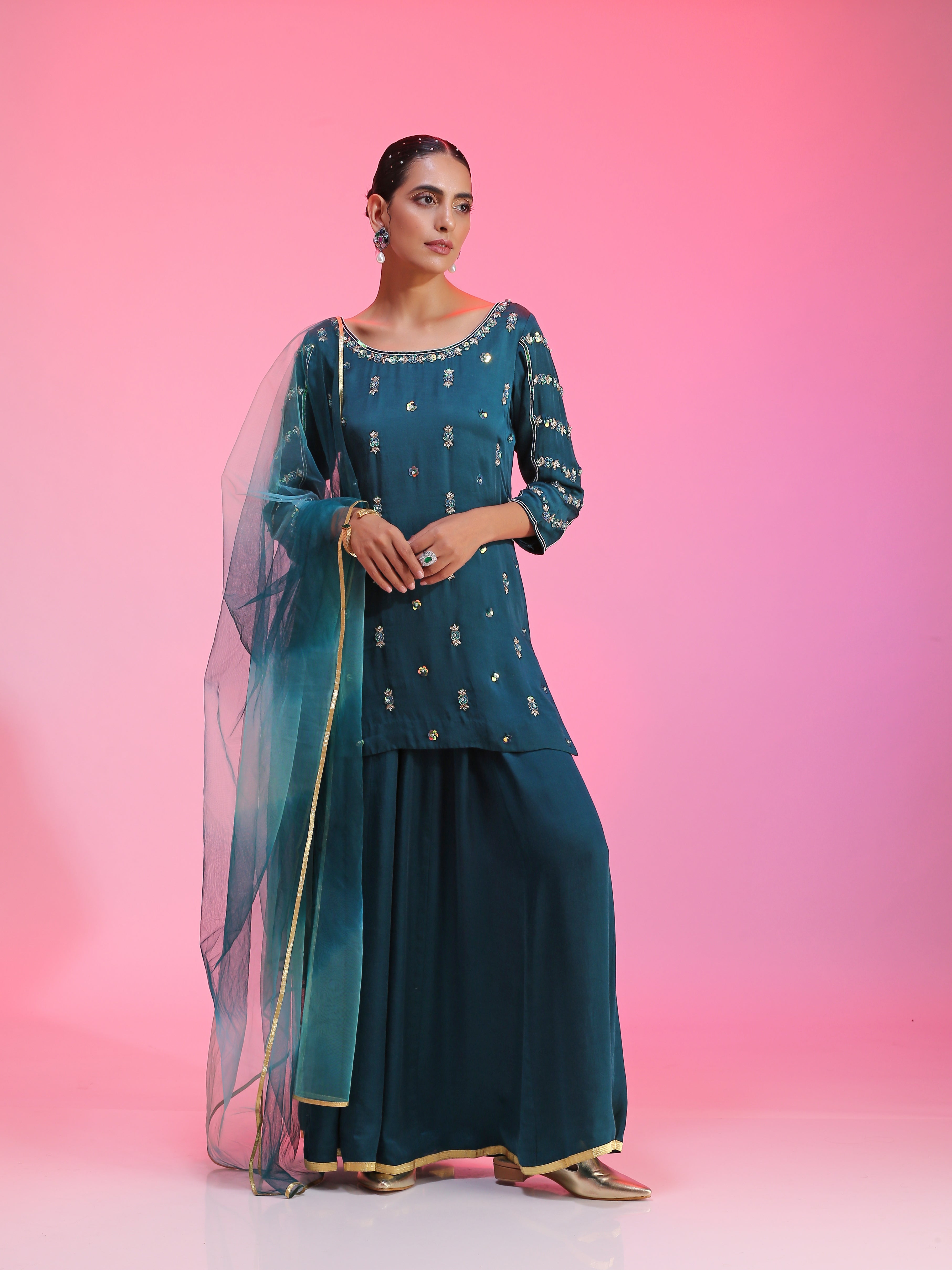 Zardozi and pitta blue kurta set