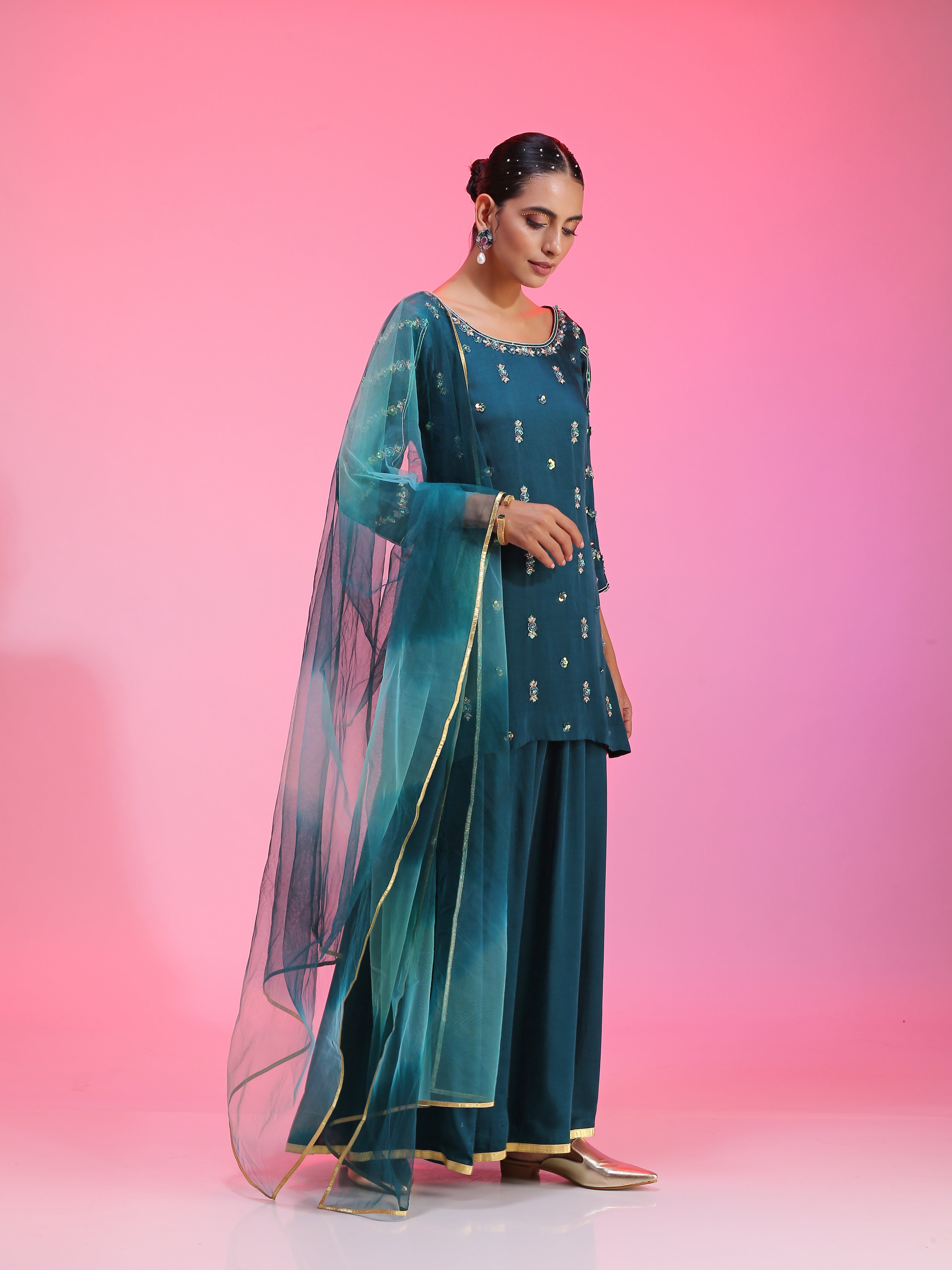 Zardozi and pitta blue kurta set