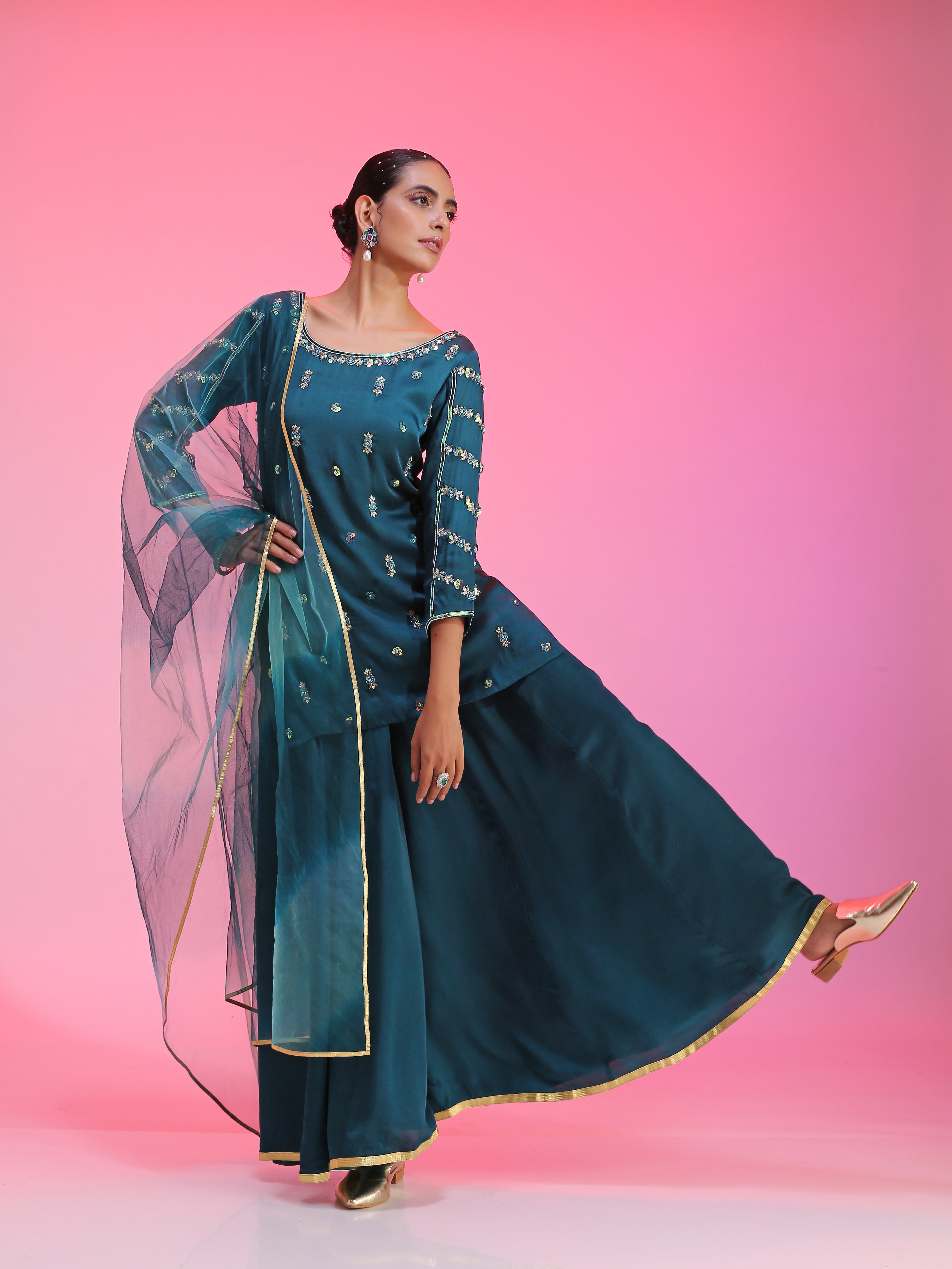 Zardozi and pitta blue kurta set