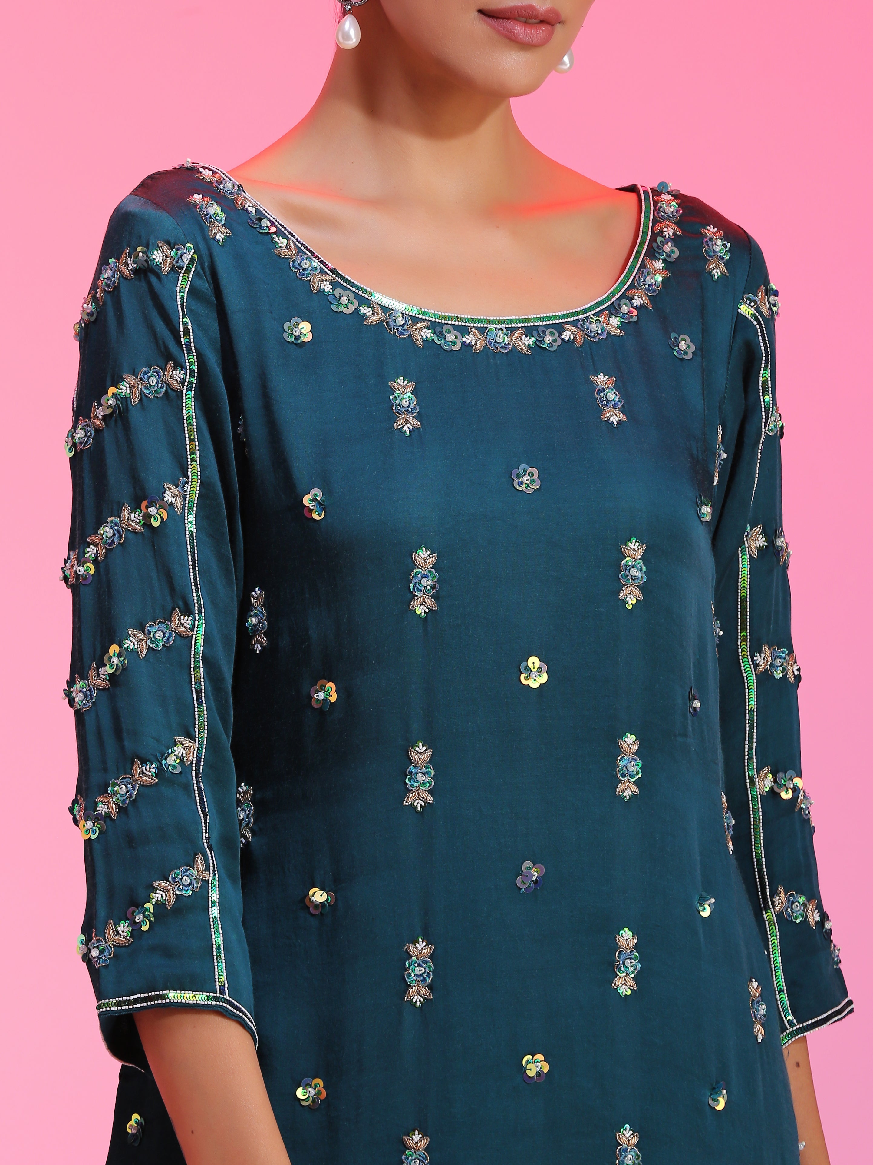 Zardozi and pitta blue kurta set