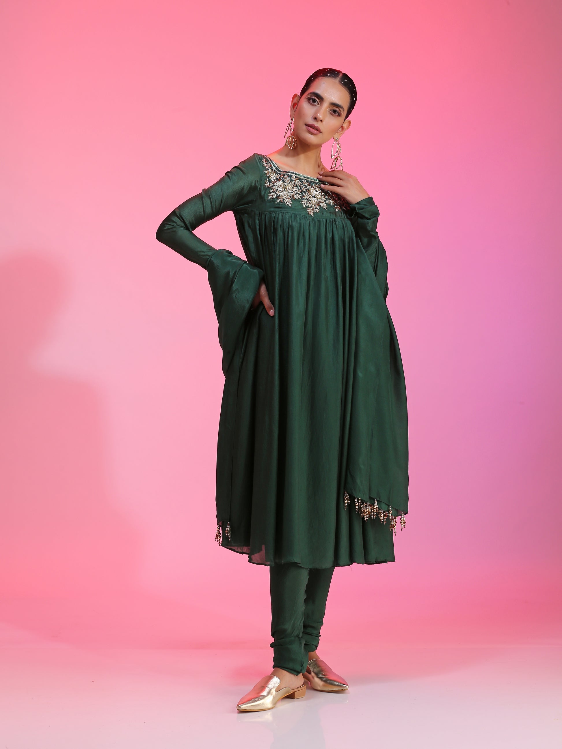 Sequin and zardozi green kalidar set