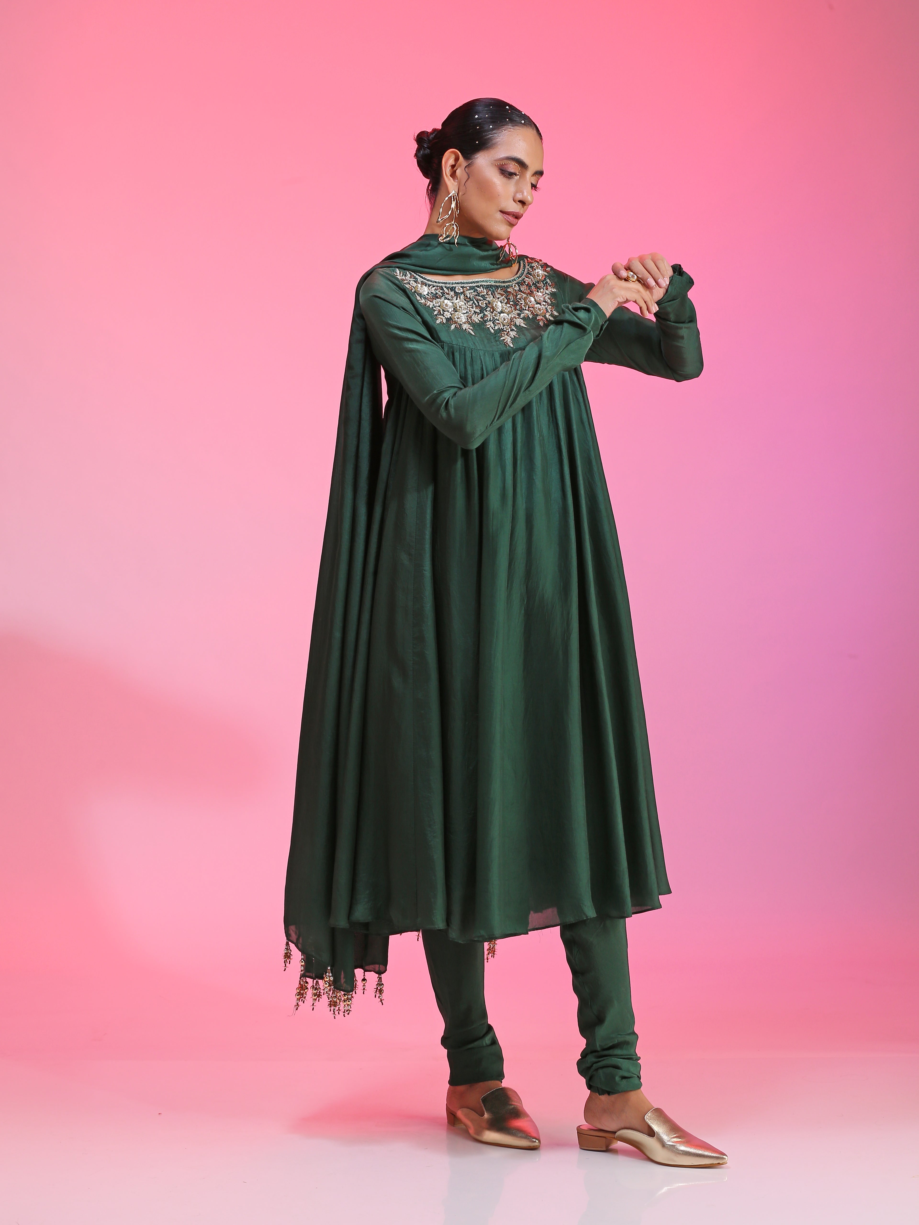 Sequin and zardozi green kalidar set