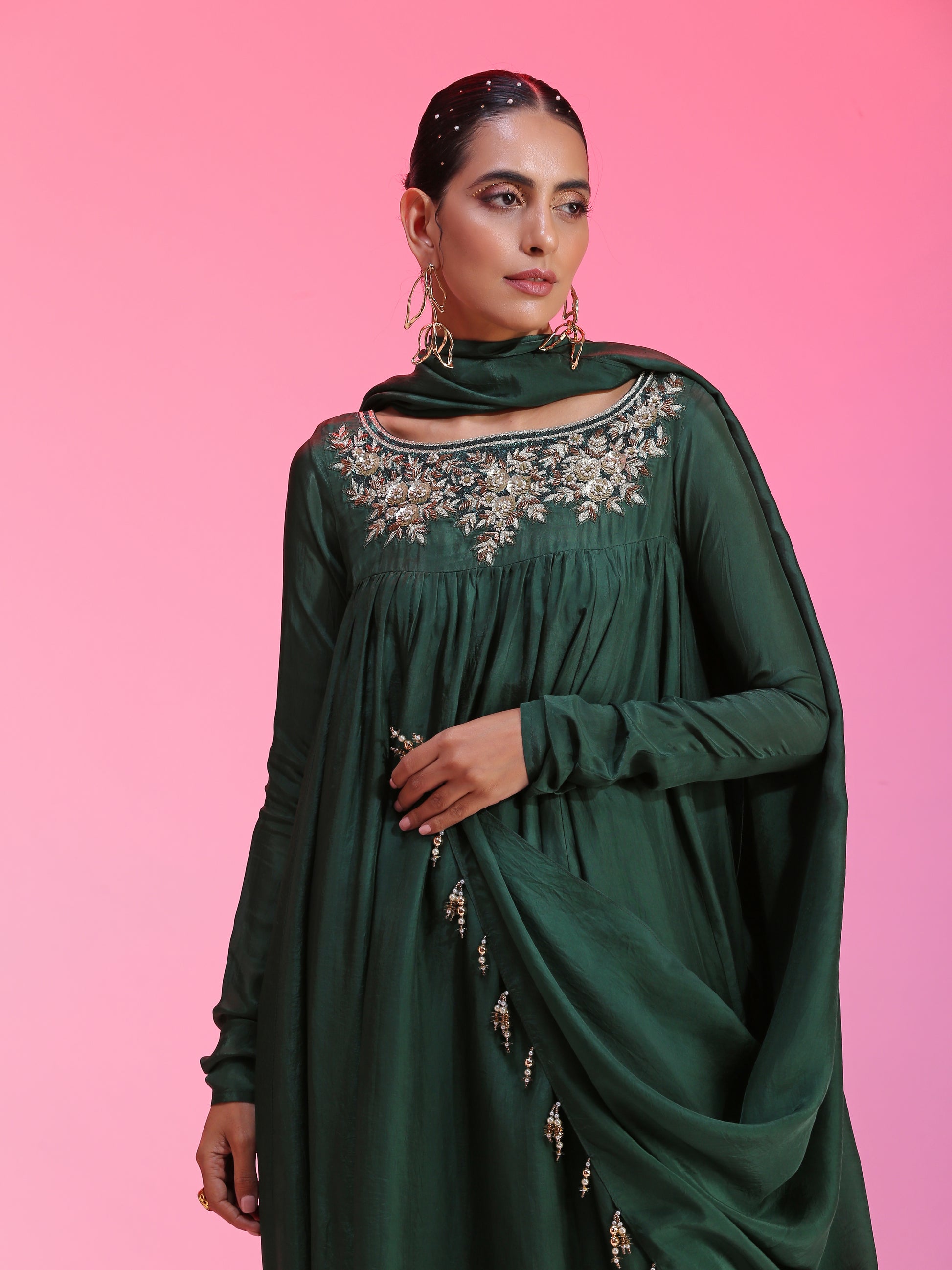 Sequin and zardozi green kalidar set