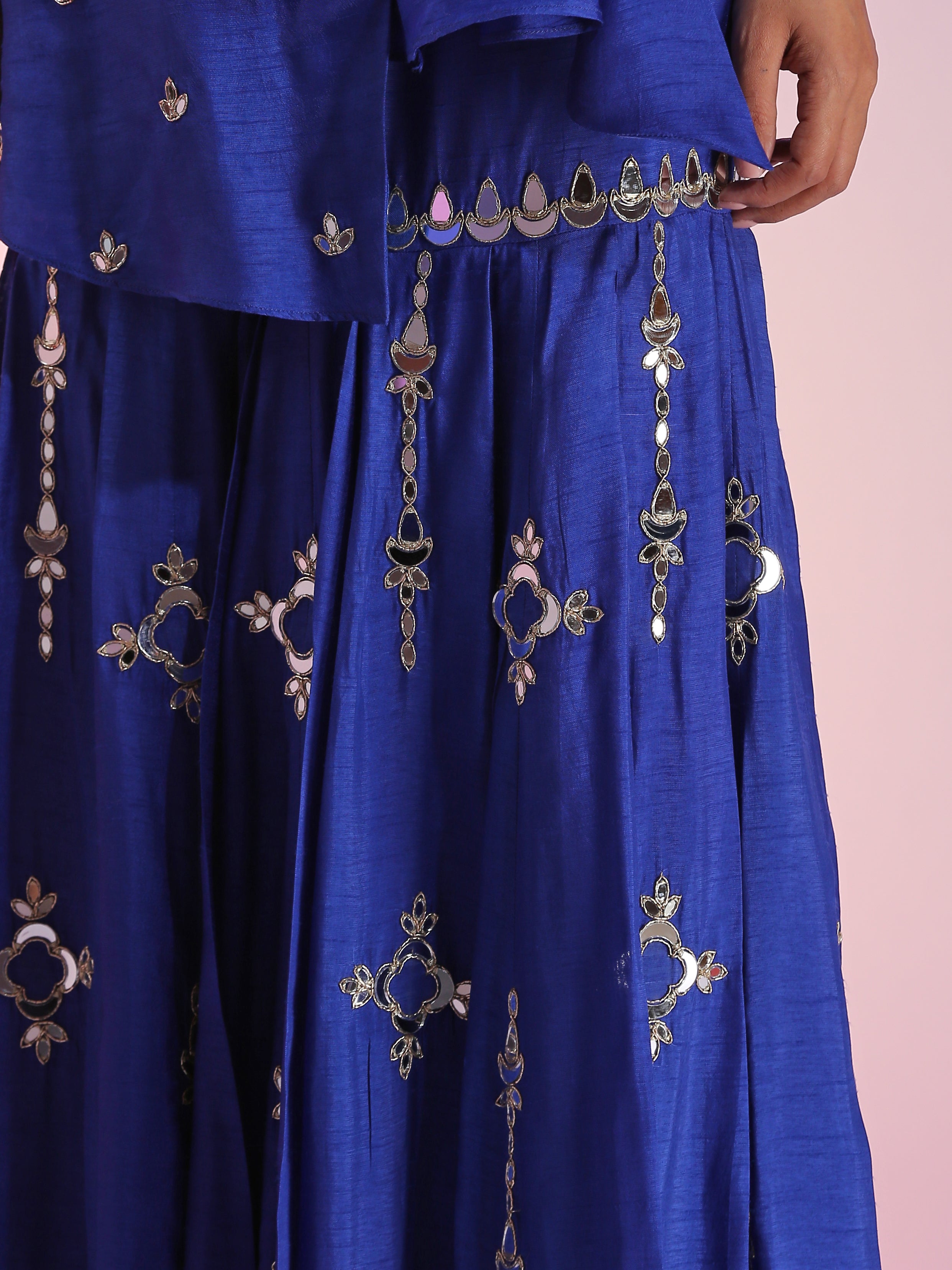 Asymmetric mirror work sharara set with knot detail