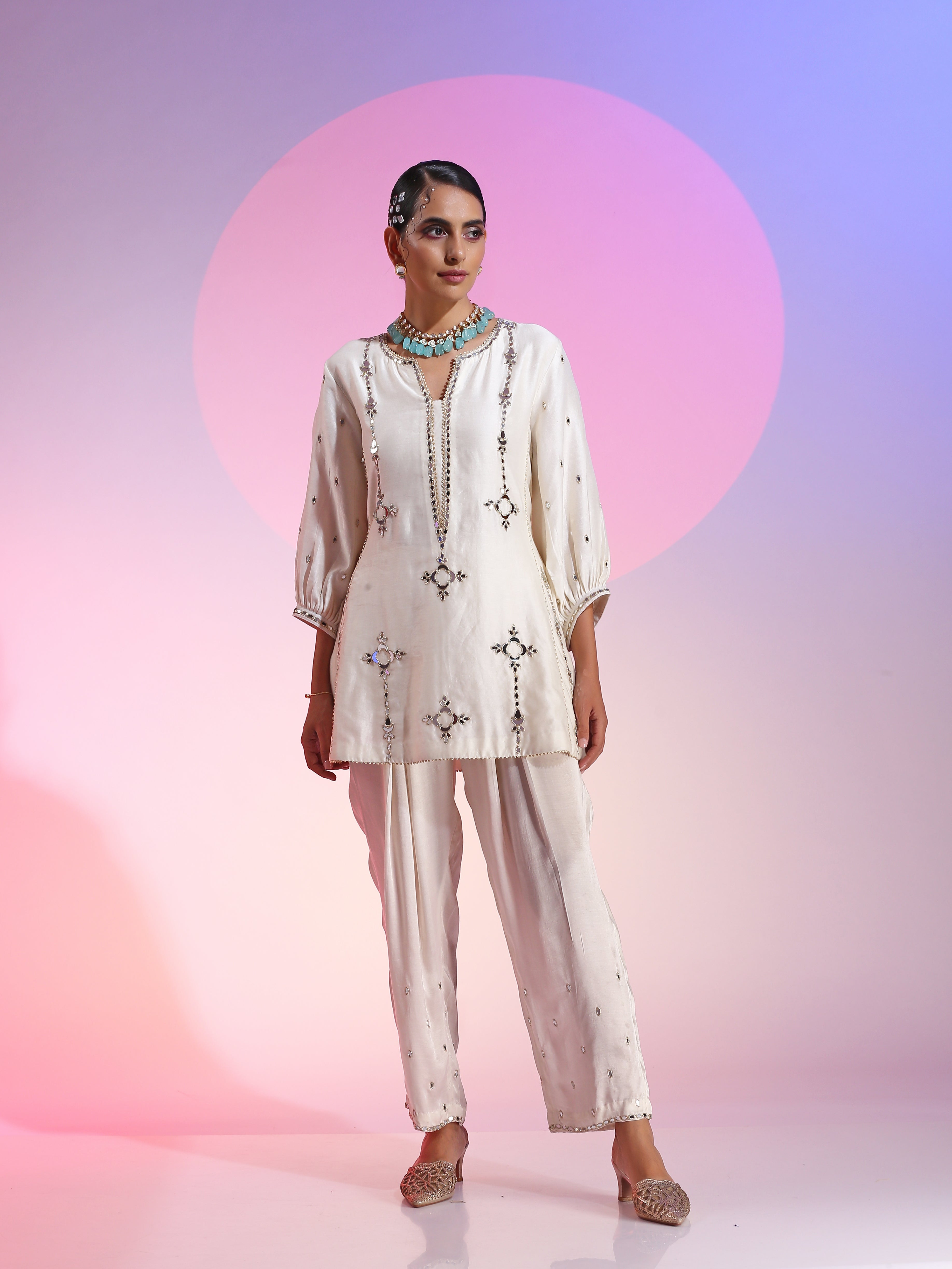 Ivory mirror work short kurta ser