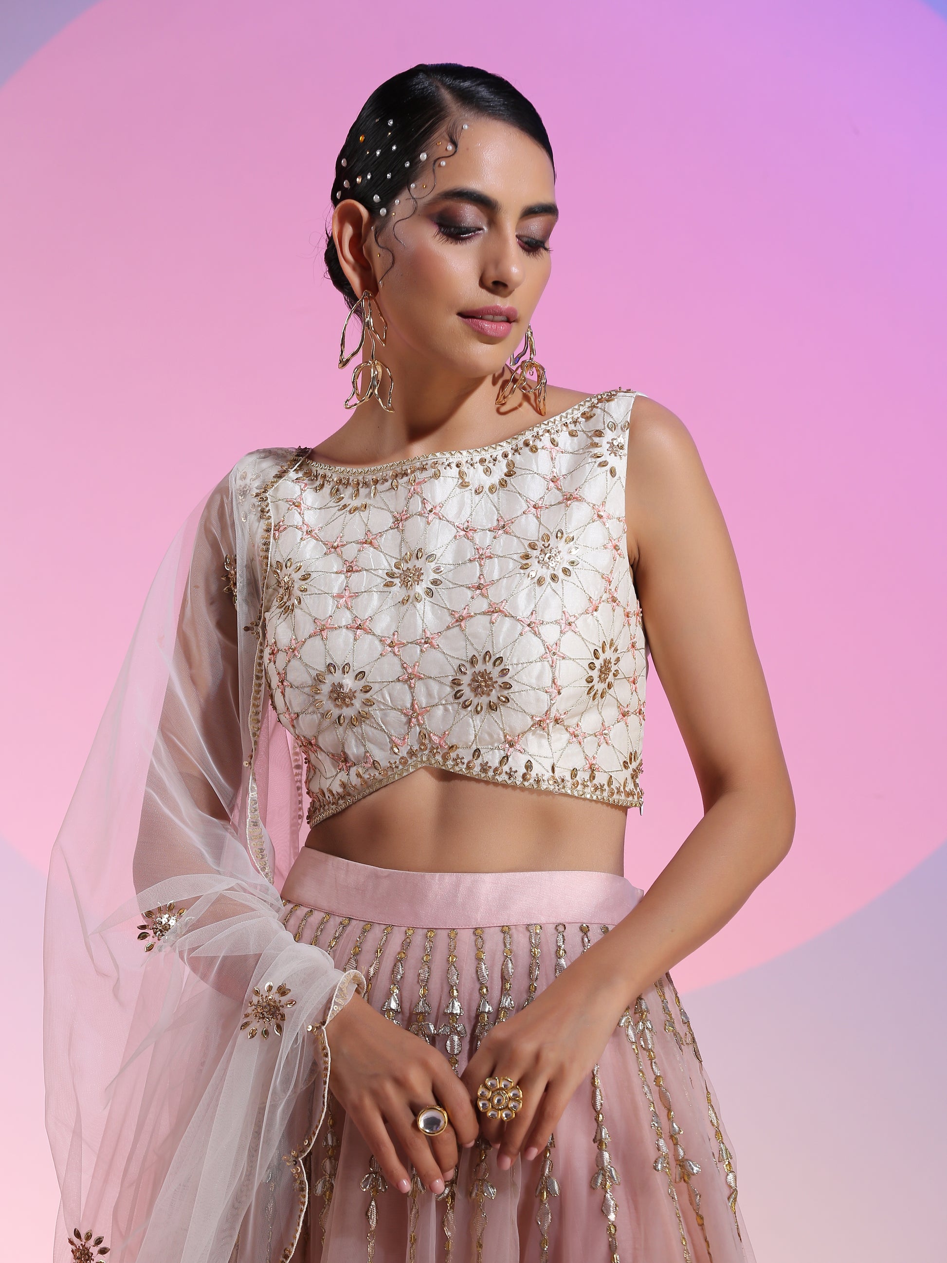 Ivory and pink, gotta and sequin lehenga set