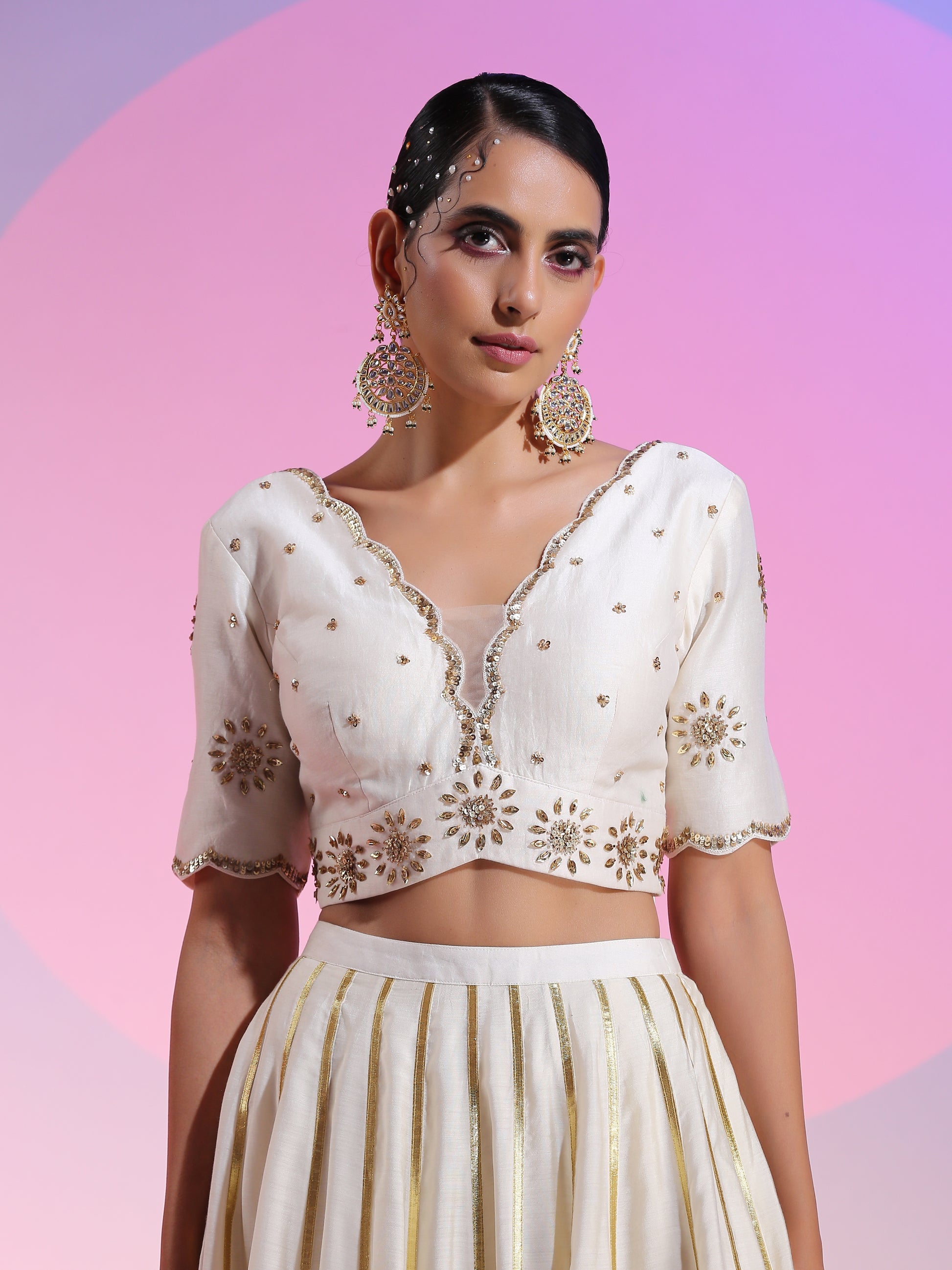 Sequin work ivory and yellow lehenga set